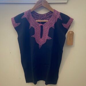 Mexican hand sewn and embriodered blouse- Black w Pink